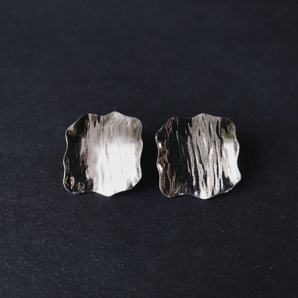 Vintage Avon Textured Tree Bark Funky Square Statement Chunky Silver Earrings